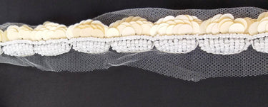 White Net Lace With Beige Sequins and Off White Beads, Scallop Trim, Exclusive Laces